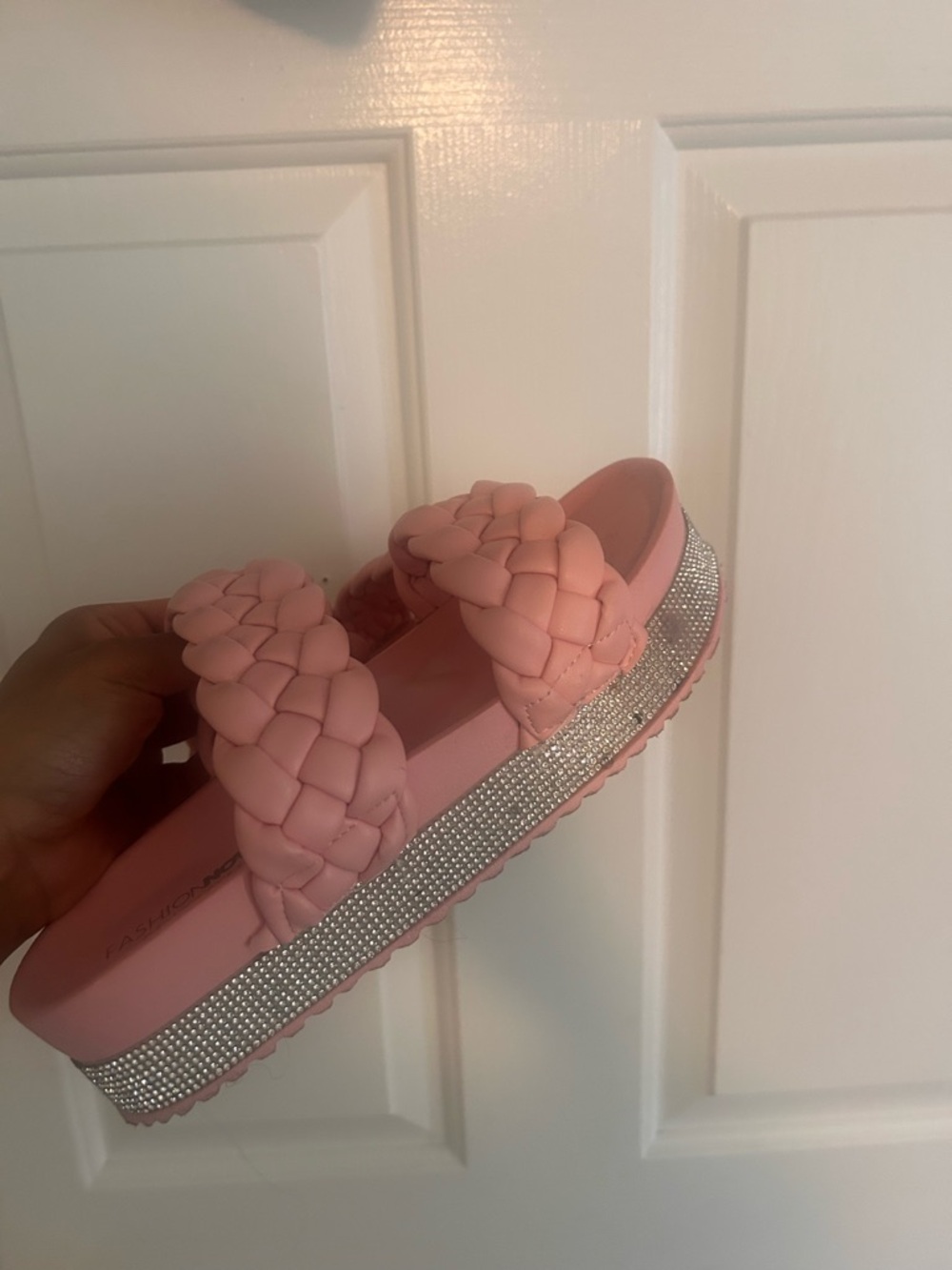 Pink Braided Platform Slide with Rhinestone Trim